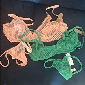 J.Crew Pink & Green Underwire longline bra and Thong sets in lattice mesh
